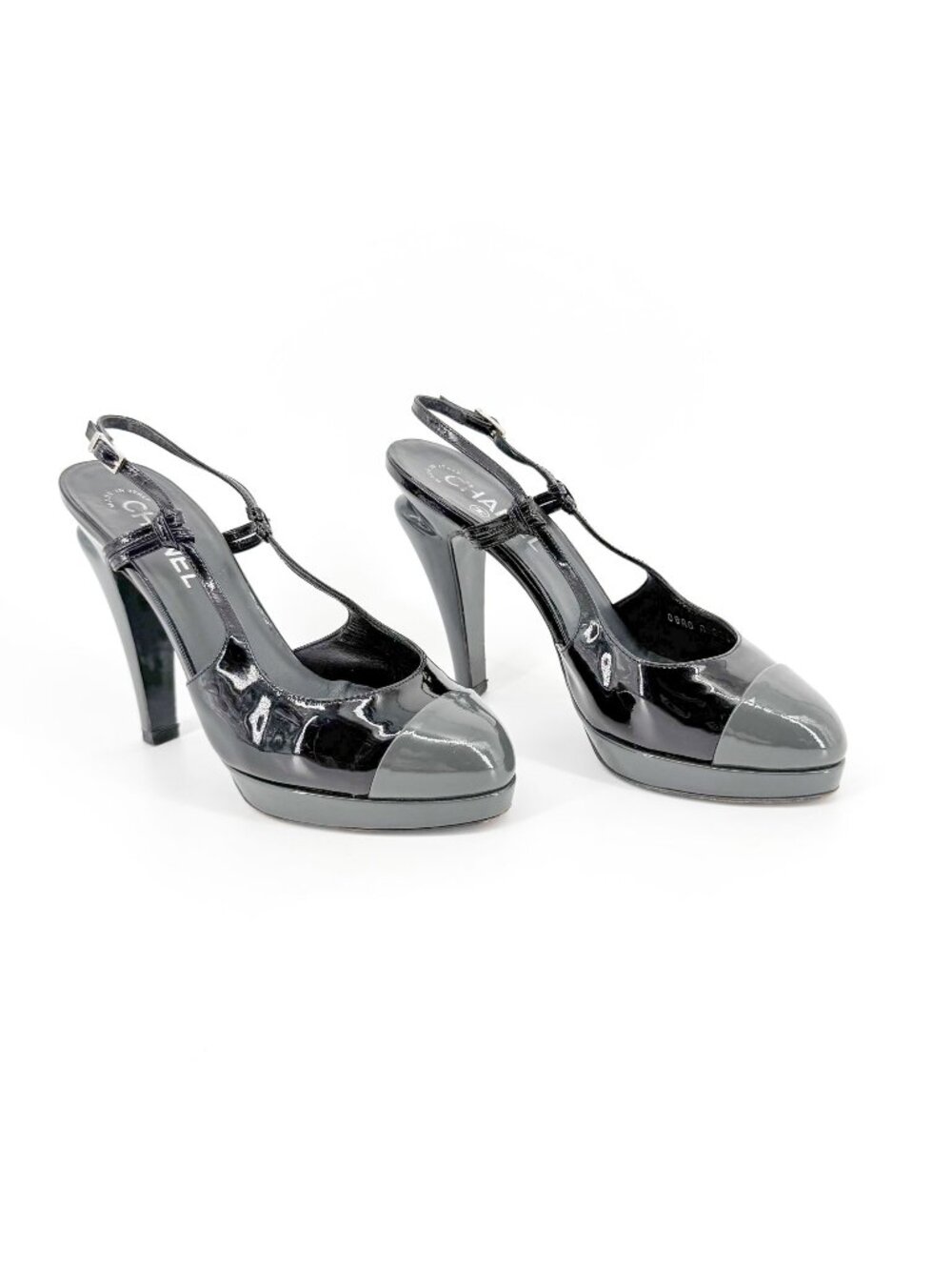 Chanel Cap Toe Slingback Pump Size 38.5 US 7.5-8 Black Patent Platform High Heel